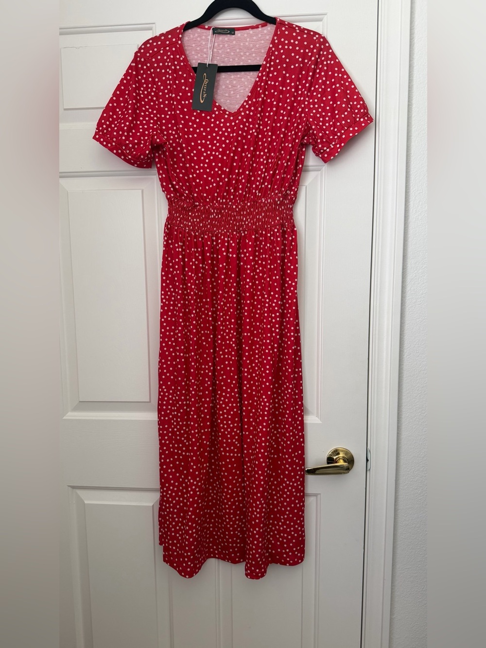 Red Polka Dot Midi Dress with Smocked Waist by Unknown Brand